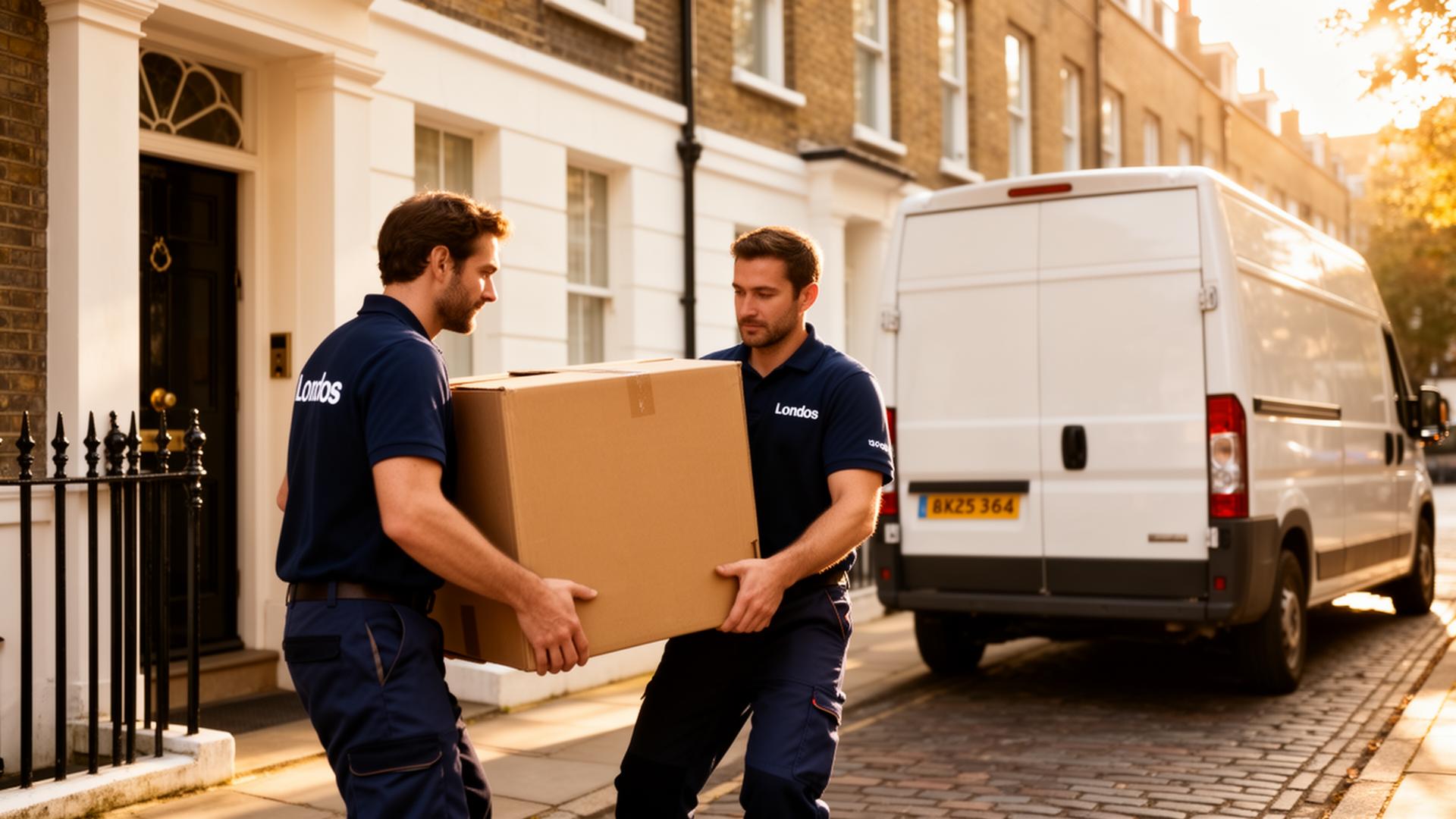 Simply Done movers carrying a box outside a London townhouse
